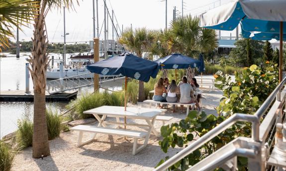 Picnic tables along the waterfront