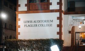 Lewis Auditorium lit by a spotlight at the 2024 St. Augustine Film Festival