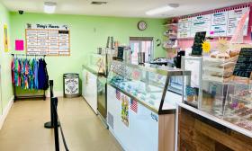 The counter space inside the ice cream shop