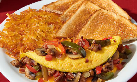 A plate of omelets, toast, and hash browns