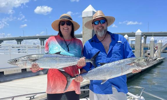 Two kingfish being presented