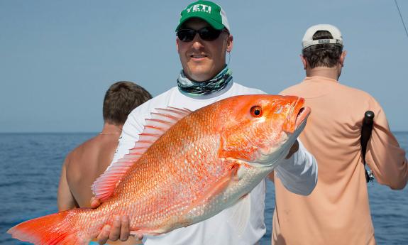 A red snapper being held up