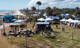 An overview shot of the market by the coast