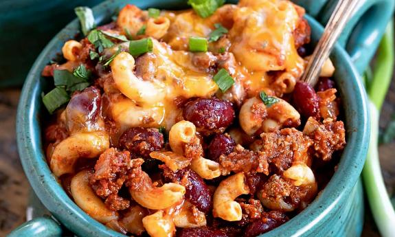 A bowl of chili mac and cheese