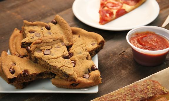 A chocolate chip cookie cut in slices