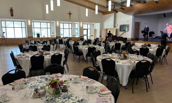 Tables and chairs fill the space at St. Anastasia Catholic Church