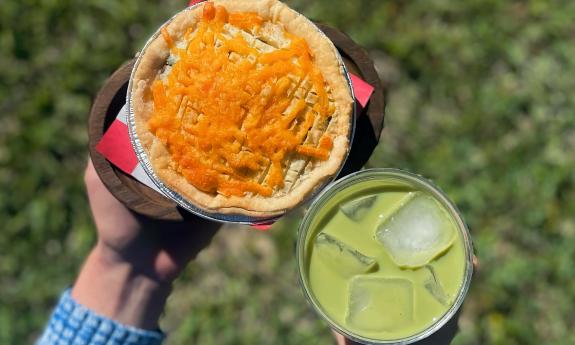 An Aussie lunch pie and an iced matcha