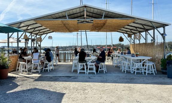 Covered seating overlooking the marina