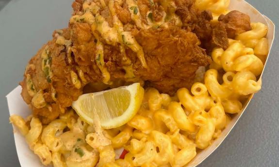 Fried soft shell crab with a side of mac and cheese