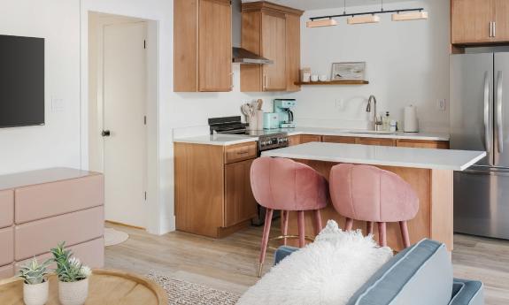 One of the apartment rooms in this modern beach motel has a full kitchen