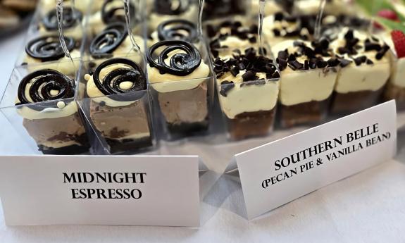 Dessert samples labeled and arranged