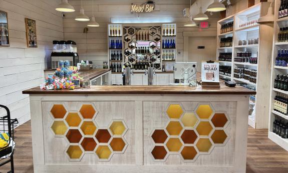 The mead bar with several beverages to sample on display