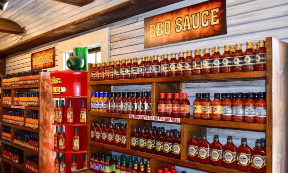 Shelves of sauces at Pepper Palace in St. Augustine, Fl 