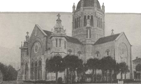 A black and white photograph of the Memorial Presbyterian Church in St. Augustine, Florida, circa 1915. It is a grand church with moorish/ Catholic architecture, a massive dome, and palm trees in a shaded courtyard.