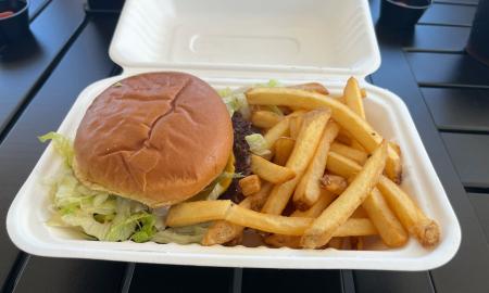 The Kaliburger impossible burger with fries. 