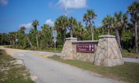 River to Sea Preserve entrance sign on a sunny day