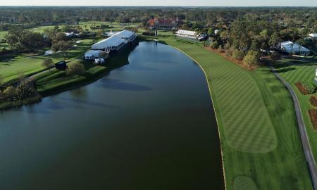 The clubhouse and audience stands on the 18th hole at The Players Stadium Course