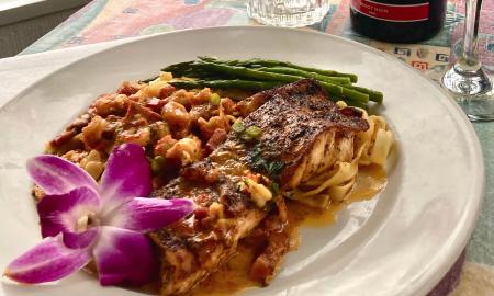 Pan seared grouper over fettuccini