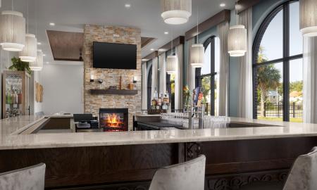 The bar area, and fireplace at the DoubleTree by Hilton, Historic District