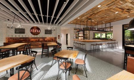 The indoor dining and bar space