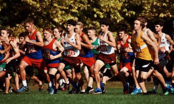 A group of runners race across grass. 