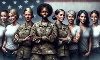 Art showing eight women in the military, in various uniforms, against the U.S. flag in the background