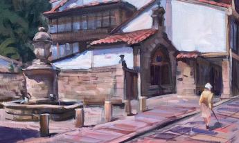 A painting by Favila showing an elderly person walking along a dock beside historic Spanish-style buildings and a stone fountain