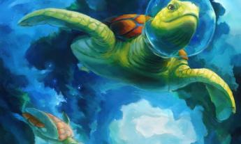 A painting by Vanessa Bates of a sea turtle swimming through an ethereal underwater scene.