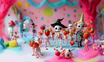 Halloween skeletons in a colorful room