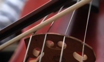 Detail of a cello with a bow upon the strings