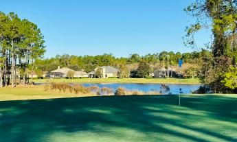 This bright green overlooks a water challenge surrounded on the far side by family homes