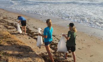 Volunteers picking up trash on the beach