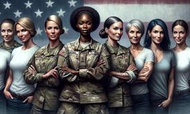 Art showing eight women in the military, in various uniforms, against the U.S. flag in the background