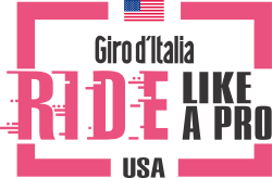 Giro d'Italia Ride Like A Pro USA logo featuring and american flag and pink and black text