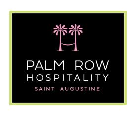 The logo for Palm Row Hospitality shows two pink palm trees with a hammock in between