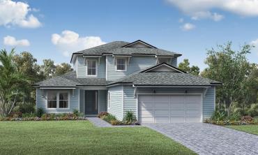 One of the home styles available at Grand Oaks has a garage, two stories and a hip roof