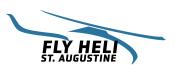 The Logo for Fly Heli St. Augustine with a swoopy teal helicoptor over black letters