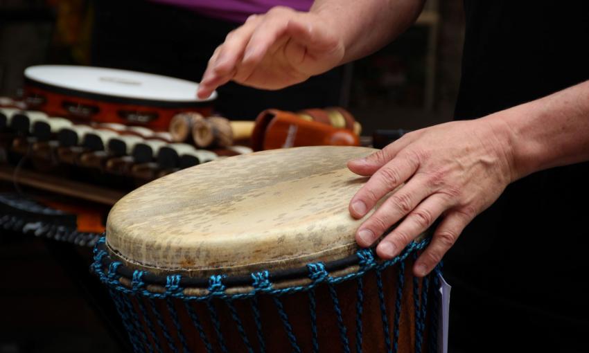 Amber Hall will lead a Community Drumming event during the Lincolnville Courtyard Concert Tuesday, May 3, 2022. 